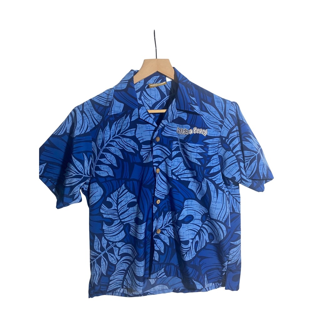Edwards Mens Blue Tropical Monstera Leaf Life's a Beach Button Down Shirt L